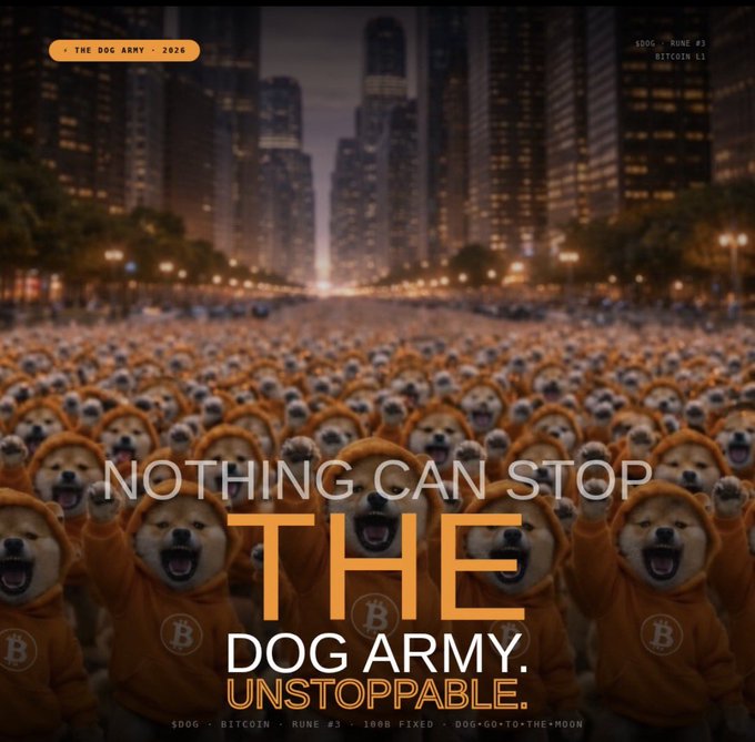 An army of Shiba Inu dogs in orange Bitcoin hoodies fills a city street beneath the bold text "NOTHING CAN STOP THE DOG ARMY. UNSTOPPABLE," with tags including "THE DOG ARMY · 2026," "$DOG · BITCOIN RUNE #3 · BITCOIN R1," and the ticker $DOG. The image visually amplifies the post's rallying call to the "DOG Army" with repeated "LFG" chants, depicting the community as an unstoppable, unified force.
