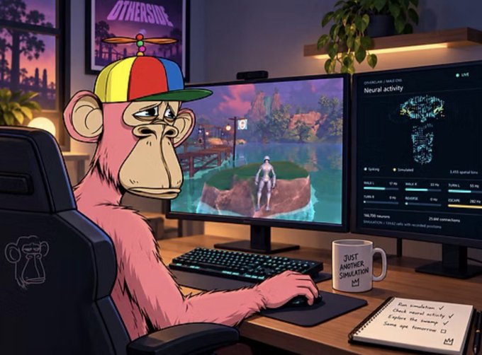 An illustrated pink monkey wearing a colorful propeller cap sits at a gaming desk with a monitor showing a 'Neural activity' game interface, alongside a mug that reads 'JUST ANOTHER SIMULATION' and a notebook with handwritten notes.
