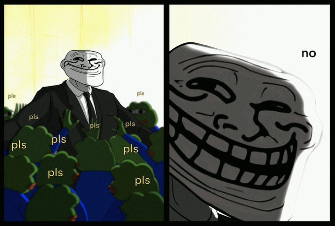 A two-panel troll meme featuring a grinning "Trollface" businessman surrounded by figures labeled "pls" on the left, and a close-up "Trollface" with the text "no" on the right.