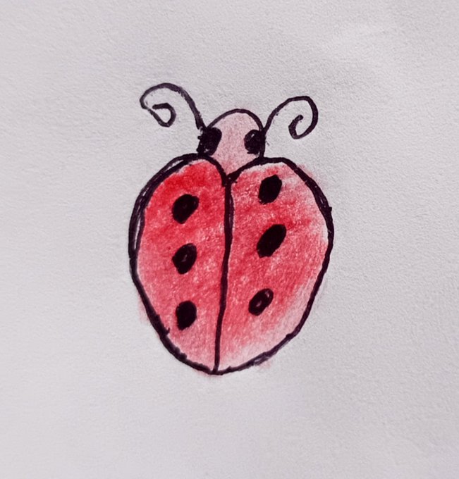 A charming hand-drawn watercolor illustration of a red ladybug with black spots and curled antennae, accompanying the "Lucky Ladybug 5" NFT listing on the Tezos-based objkt.com marketplace (KT1Rvf7 contract). The whimsical artwork embodies the "lucky ladybug" theme of this digital collectible.
