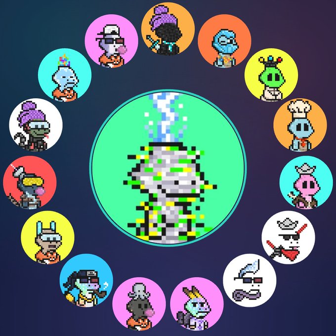 A circular arrangement of pixel art character icons (NFTs) around a central pixelated alien-like figure on a green background, depicting what appears to be a CryptoPunks-style collection.