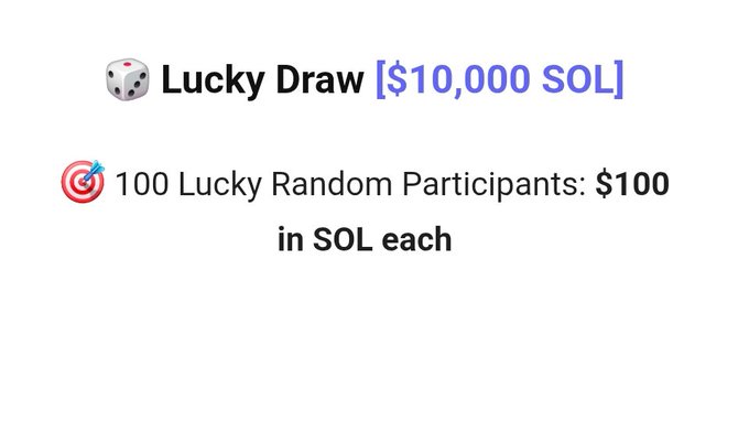 The image shows a "Lucky Draw" graphic featuring a dice icon and a target icon, advertising a $10,000 SOL giveaway with the text "100 Lucky Random Participants: $100 in SOL each." This visually represents the post's promotion of a free Solana giveaway where 100 random participants each receive $100 in SOL with no entry cost.