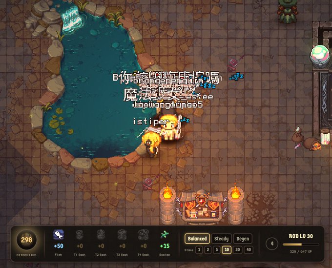 A screenshot of a pixel-art style dungeon game showing player names like 'dogwpgokuo6', 'istiper7', and '蛋蛋' above characters in a stone room with a pool and altars, along with a UI panel at the bottom showing stats and 'ROD LV 30'.