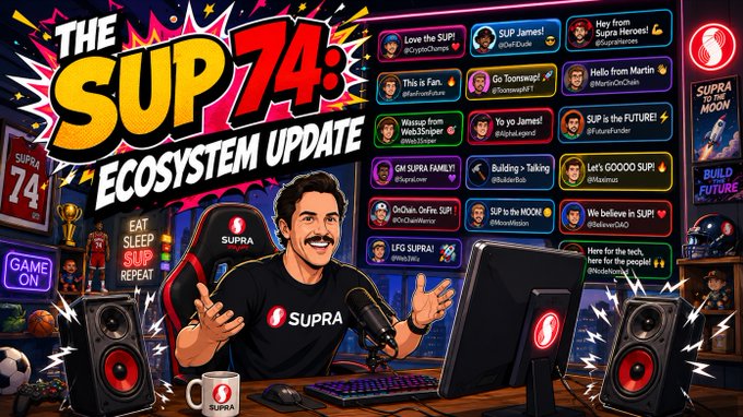 The image features an advertisement for a gaming event called "The SUP 74 ecosystem update". The poster includes a man sitting at a desk with a computer monitor, keyboard, and mouse, surrounded by various objects such as a cup, a sports ball, and a trophy. The text on the poster highlights that the game is about to launch in less than 3 hours and mentions that there will be a FIFA World Cup prediction. Additionally, it invites viewers to join the chat at the bottom of the post and share their thoughts or experiences related to gaming events.