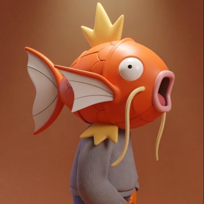A 3D rendered figurine of Magikarp wearing a human body dressed in a gray sweater, featuring the Pokémon's signature wide eyes and open mouth.