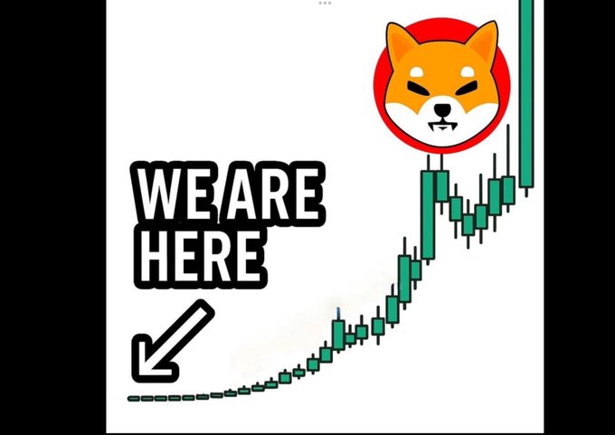 The image features a Shiba Inu dog logo beside a green candlestick chart showing a steep upward price trend, with the text "WE ARE HERE" and an arrow pointing to the lower-left where the chart begins. The graphic visually illustrates the post's claim that $SHIB has massive growth potential, suggesting holders early in the chart's ascent will be rewarded while others "get left behind" as the price climbs dramatically toward the upper right.
