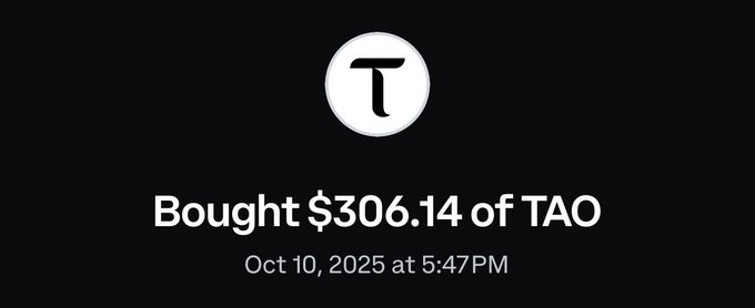 A graphic shows a Coinbase transaction notification stating "Bought $306.14 of TAO" on Oct 10, 2025 at 5:47 PM, illustrating the poster's experience of buying the TAO token at $306—nearly double the $162 low they referenced—after falling for what they call a coordinated "dip" psyop on 10/10.