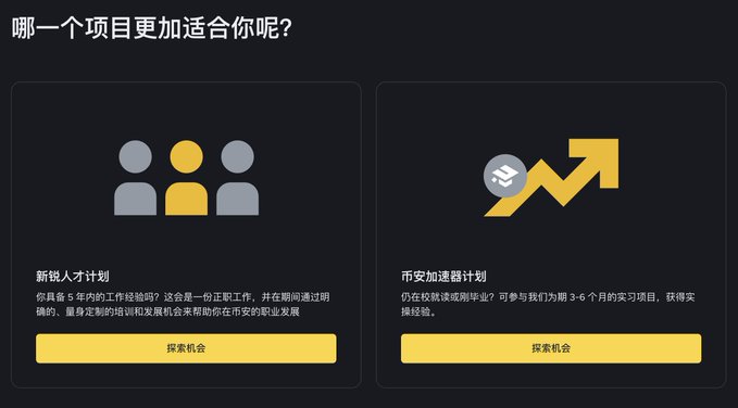 A dark-themed webpage with Chinese text asking 'Which program suits you better?' (哪一个项目更加适合你呢), presenting two options: 新锐人才计划 (New Talent Program) and 币安加速器计划 (Binance Accelerator Program).