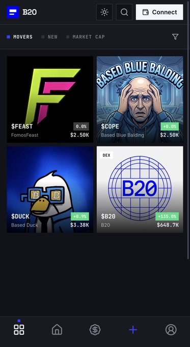 The image shows the B20 platform's "Movers" tab displaying four meme tokens with their tickers and 24-hour performance: $FEAST (FomosFeast) at 0% with $2.50K volume, $COPE (Based Blue Balding) up 8.6% with $2.50K volume, $DUCK (Based Duck) up 8.9% with $3.38K volume, and $B20 (B20) up 135.6% with $648.7K volume. The screenshot supports the post's promotion of 0xb20.fun as a fair-launch memecoin platform, showcasing the diversity of meme projects launching on B20.