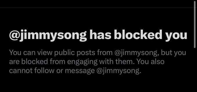 A screenshot showing that @jimmysong has blocked the user, with a message reading "@jimmysong has blocked you. You can view public posts from @jimmysong, but you are blocked from engaging with them. You also cannot follow or message @jimmysong."