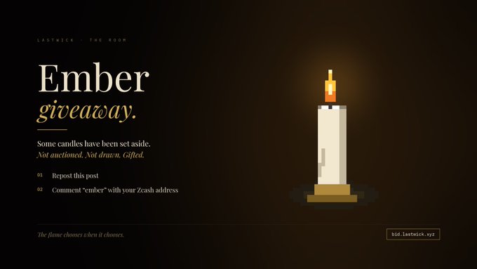 The image is a dark promotional graphic for a Zcash giveaway by "lastwick.xyz," featuring a pixelated candle illustration and the text "Ember giveaway." It instructs viewers to repost and drop "ember" with their Zcash address to receive one of the set-aside candles, matching the post's description that the candles are gifted rather than auctioned or drawn, at the link "bid.lastwick.xyz."