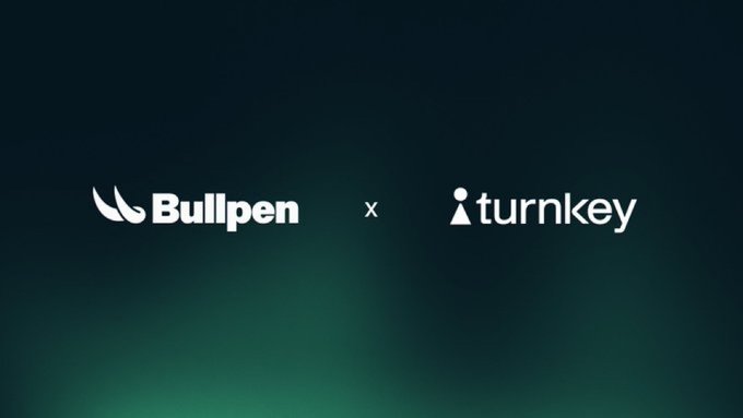 Partnership announcement graphic showing 'Bullpen x Turnkey' logos on a dark teal background.