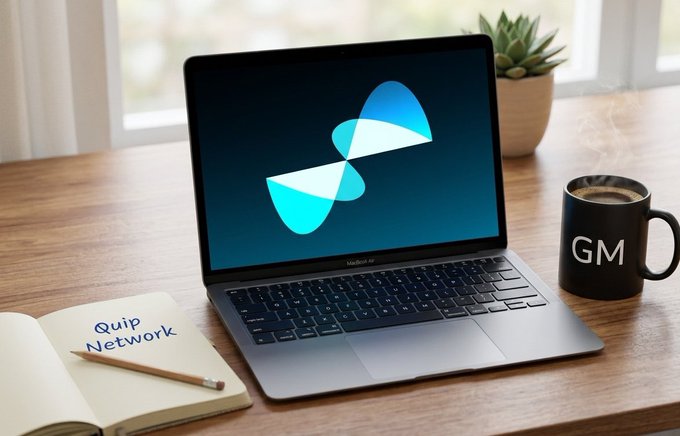 A laptop displaying a blue logo sits on a wooden desk next to a notebook labeled 'Quip Network', a coffee mug with 'GM' on it, and a potted succulent plant.