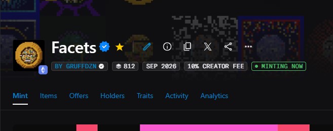 A webpage screenshot showing an NFT collection named 'Facets' by GRUFFDZIN, with 812 items, SEP 2026, 10% creator fee, and a 'MINTING NOW' badge in green.