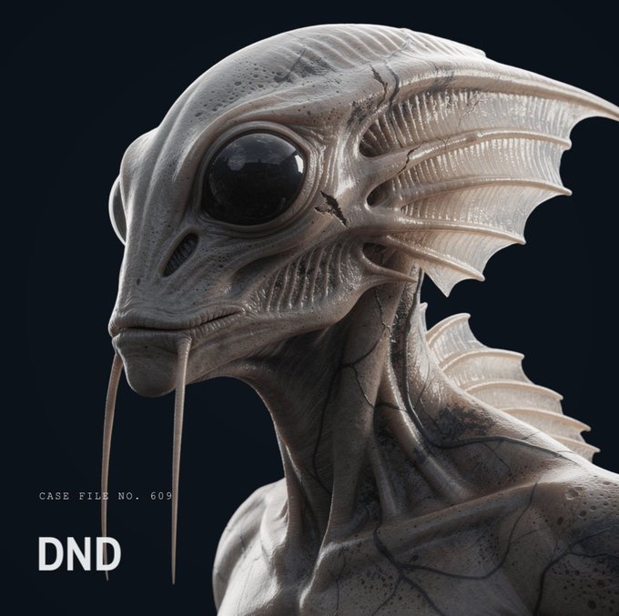 A detailed render of an alien creature with large black eyes, fin-like gills, and whisker-like tendrils, overlaid with the text "CASE FILE NO. 609" and "DND" — fitting the UAP investigation theme of the giveaway post for the alien-themed game from @DNDaliens.