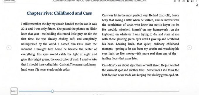 An e-reader displaying 'Chapter Five: Childhood and Cass' from the book 'Algorithmic Ambition: The Vlad Tenev Journey' by Sridhar Tayur, telling a story about a cat named Cass.
