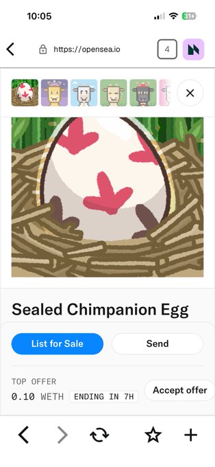 A mobile screenshot of OpenSea.io shows a 'Sealed Chimpanion Egg' NFT with a top offer of 0.10 WETH ending in 7H.
