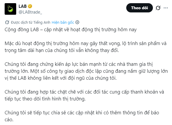 A screenshot of a Twitter/X post from the verified account @LABtrade_ in Vietnamese, discussing market activity, selling pressure, and the LAB product roadmap.
