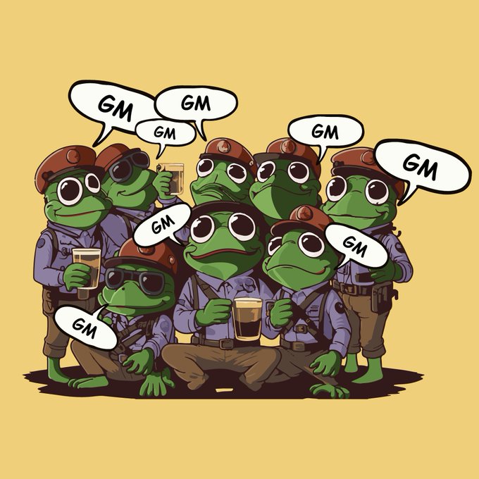 A cartoon illustration of a group of green Pepe frogs dressed as miners and police officers, holding beers, with speech bubbles all saying 'GM' against a yellow background.