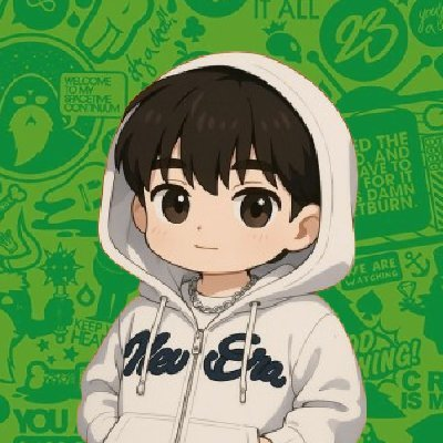 An anime-style chibi character wearing a white 'New Era' hoodie against a green background covered in graffiti-style doodles.