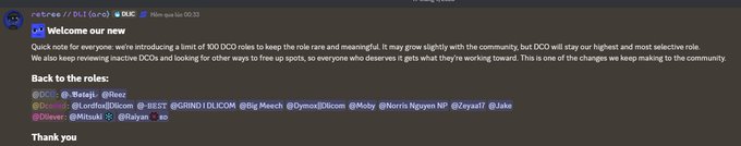 Discord screenshot from the nxtree server featuring an announcement titled 'Welcome our new' that discusses limiting DCO roles to 100 and includes 'Back to the roles' with tags like @Lords, @Deezz, @Big Meech, and @Mizuki.