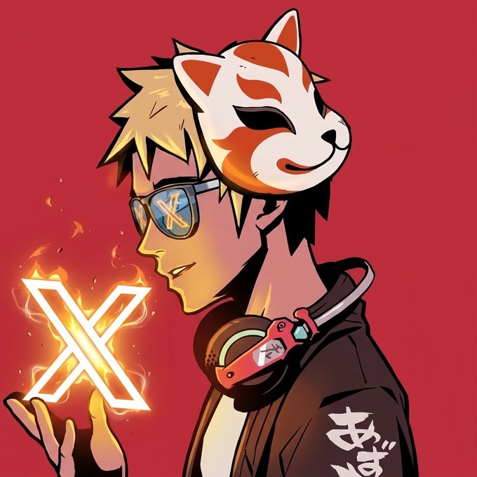 An anime-style illustration of a blonde character wearing a fox mask on the side of his head, sunglasses with an X symbol, and red headphones around his neck, holding a flaming white X symbol against a red background with Japanese characters on his sleeve.