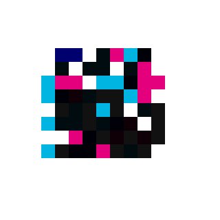 A pixel art design composed of black, white, pink, and cyan square blocks forming an abstract face or character on a white background.