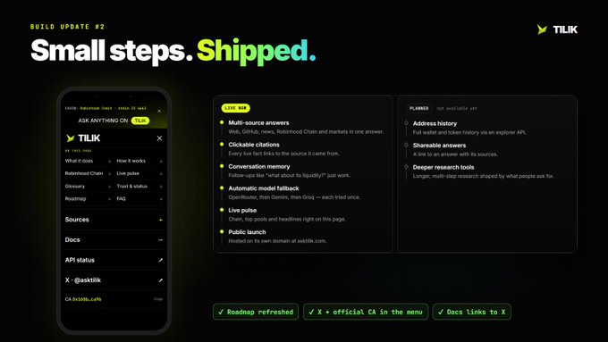 A product update announcement for 'TILIK' titled 'Small steps. Shipped.' detailing new features like multi-source answers, clickable citations, and conversation memory.