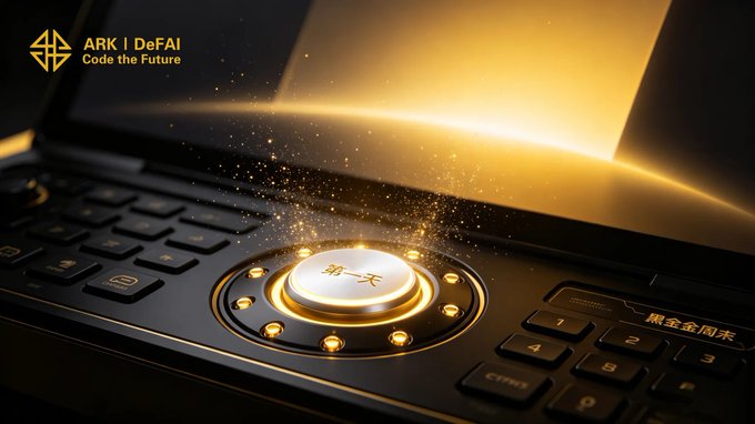 The image features a laptop with a gold-colored keyboard that has a button labeled "ark" at the top center of the screen. The background of the image is black, which contrasts with the gold color of the keyboard. Below the keyboard, there's text that reads "ARKI AI App brings AI power to the first day of action." This suggests that the laptop might be an Arkie AI device or a similar product designed for users who want to experience the benefits of artificial intelligence in their daily lives.