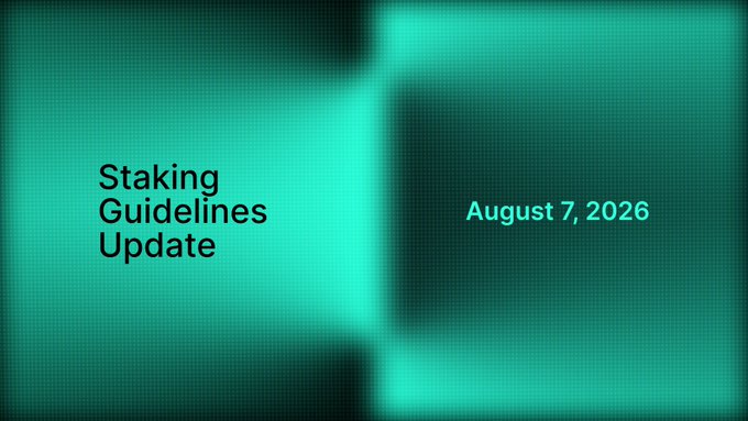 A presentation slide with a teal gradient background displays the title "Staking Guidelines Update" alongside the date "August 7, 2026," serving as the visual header for an announcement about upgrading Kaito staking and introducing improved reward mechanisms for stakers.