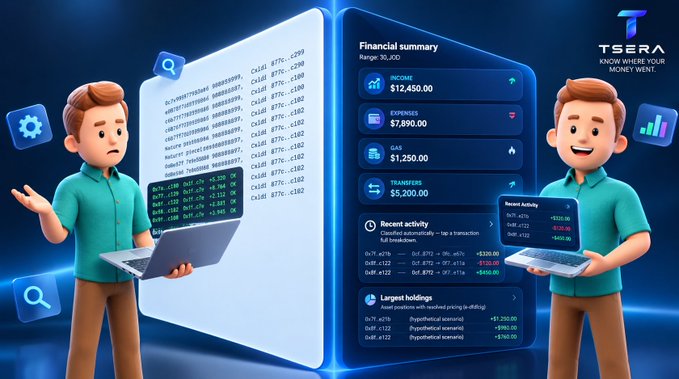 A 3D-rendered illustration for "TSERA" depicting a cartoon character showing a financial summary dashboard on a floating screen, displaying Income ($12,450.00), Expenses ($7,890.00), Gas ($1,250.00), and Transfers ($5,200.00).