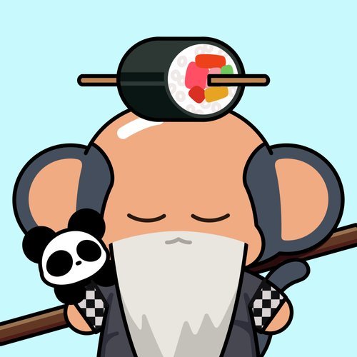A cartoon illustration of a round-eared character resembling a Taoist sage with a long white beard, topped with a sushi roll on a stick, against a light blue background.