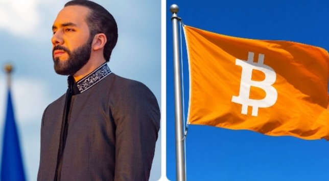 A composite image showing Nayib Bukele, wearing a gray jacket with an embroidered collar, on the left, and a yellow flag with the Bitcoin symbol on the right.