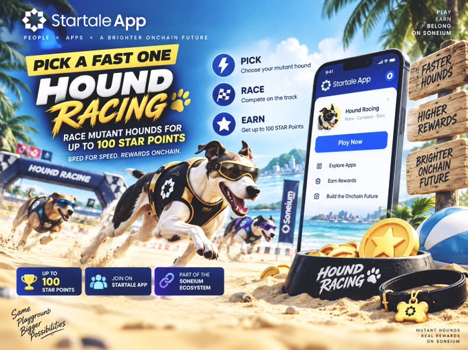 A vibrant promotional graphic for 'Startale App' advertising 'HOUND RACING' where users can 'RACE MUTANT HOUNDS FOR UP TO 100 STAR POINTS,' featuring running dogs on a beach with a smartphone displaying the app interface.