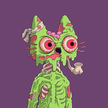 A surreal illustration of a green, slime-covered skeletal cat-like creature with bulging red eyes, smoking a pipe and exhaling a bone, set against a purple background.
