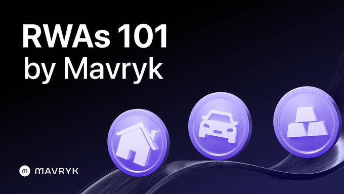 Promotional graphic titled 'RWAs 101 by Mavryk' featuring three purple coin icons depicting a house, a car, and gold bars, with the Mavryk logo at the bottom.