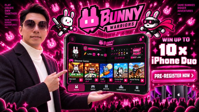 A vibrant pink promotional banner for "Bunny Warriors," featuring a man in sunglasses holding a tablet displaying the game's interface, with text offering a chance to "WIN UP TO 10x iPhone Duo" and a "PRE-REGISTER NOW" button.