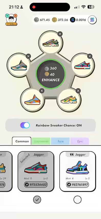 The image shows a detailed screenshot of a smartphone screen with a shopping app's interface displaying various options for buying sneakers. The user can select from different styles, colors, and sizes available in the store or choose from their own designs created using the phone's camera. A few pairs of shoes are visible on the screen; some are displayed as in-game items while others represent real-world products. This image highlights how the shopping app allows users to browse through a wide range of sneaker options and make informed purchases directly from their smartphones.