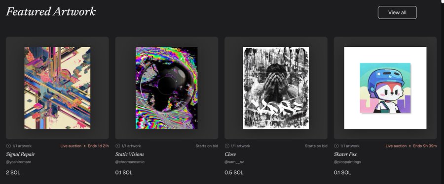 A digital gallery interface titled "Featured Artwork" displaying four 1/1 NFT artworks with various artists, including "Signal Repair" (2 SOL) and "Static Visions" (0.1 SOL).