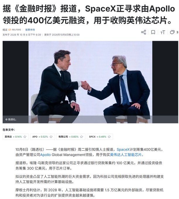 A Chinese-language Reuters article headline states that SpaceX is seeking $40 billion in funding led by Apollo to acquire Nvidia chips, with the photo showing Elon Musk shaking hands with another man.
