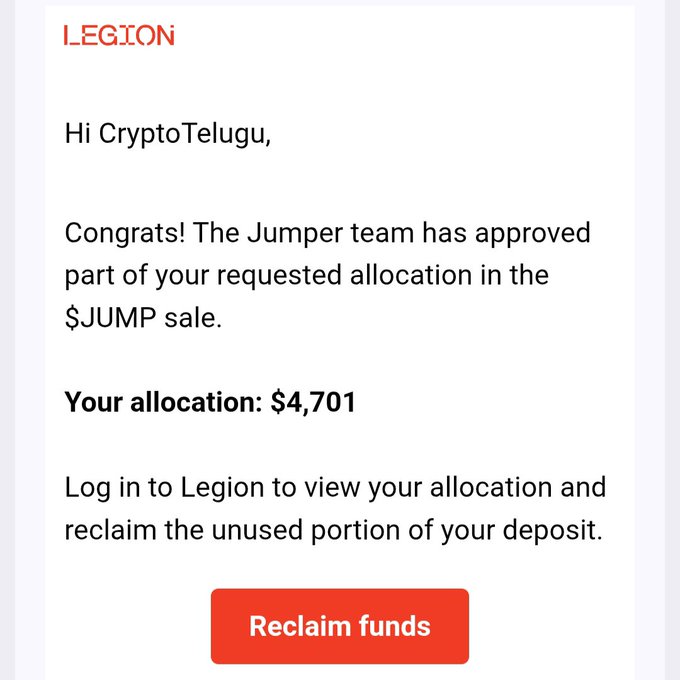 A screenshot of a notification email from Legion informing the user CryptoTelugu that they've been approved for a $4,701 allocation in the $JUMP token sale, with a red "Reclaim funds" button to access unused deposit funds. This corresponds to the user's post highlighting the significant gap between their $22K application and the $4,701 allocation they received.