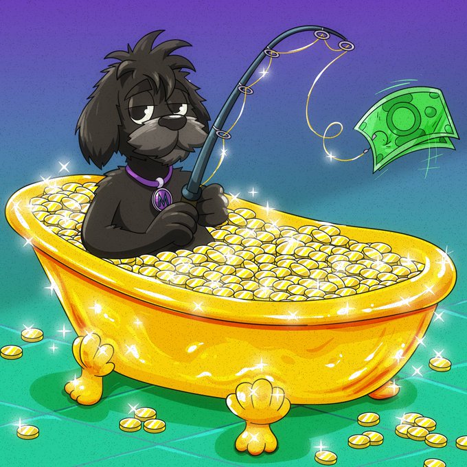 A cartoon dog with a "GMYRO" collar relaxes in a golden bathtub filled with gold coins, using a fishing rod to reel in a green banknote. The image visualizes the post's "reel in some gains" message by depicting the Gmyro token as a prized catch, symbolizing profit accumulation.