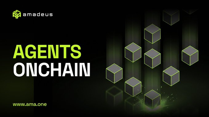 Promotional graphic for Amadeus featuring the text 'AGENTS ONCHAIN' and 'www.ama.one' alongside floating 3D cubes.