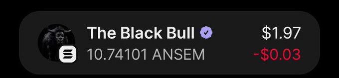 A digital wallet display shows 'The Black Bull' account holding 10.74101 ANSEM, valued at $1.97, down $0.03.