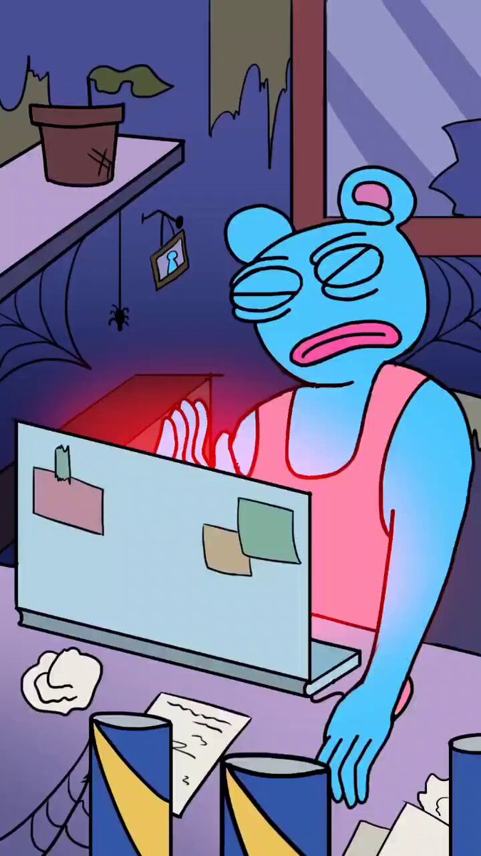 The image features a cartoon character, possibly a blue bear or a frog, sitting at a desk with a laptop computer open in front of them. The character appears to be working or studying, as there are several books scattered around the scene. A potted plant is also visible on one side of the desk.