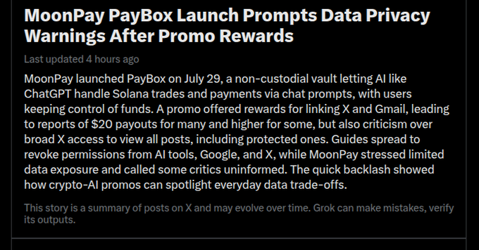 A news article headline reading 'MoonPay PayBox Launch Prompts Data Privacy Warnings After Promo Rewards', discussing the launch of MoonPay's non-custodial vault on July 29 and associated data privacy concerns.