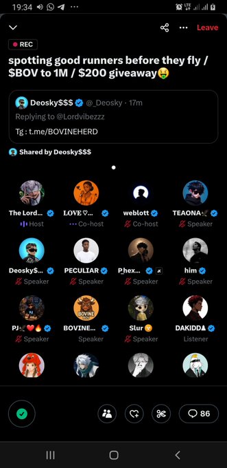 A Twitter Spaces recording screen titled 'spotting good runners before they fly / $BOV to 1M / $200 giveaway' hosted by Deosky$$$, showing a panel of speakers and listeners with 86 participants.