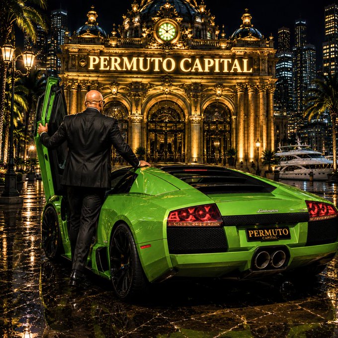 A man in a suit steps into a green Lamborghini outside a grand "Permuto Capital" building, symbolizing crypto wealth and luxury success. The image's imagery of opulence and exclusivity reinforces the post's message about the substantial, untouchable liquidity and holdings being secured.