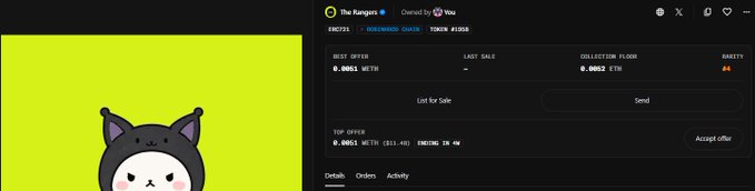 An NFT marketplace listing for 'The Rangers' collection showing a cat character in a hoodie on a yellow background, with best offer and collection floor pricing data.