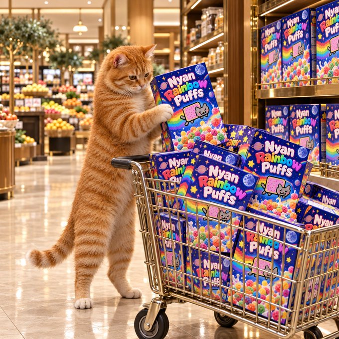An AI-generated image of an orange tabby cat standing on its hind legs, pushing a shopping cart filled with colorful boxes of 'Nyan Rainbow Puffs' through a supermarket aisle.